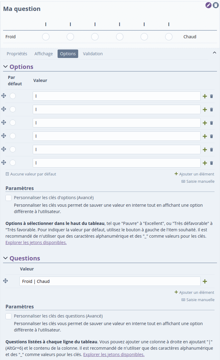 forms paramétrage échelle