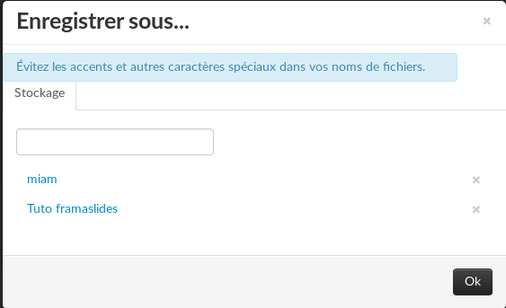 Modale pour sauvegarder la présentation