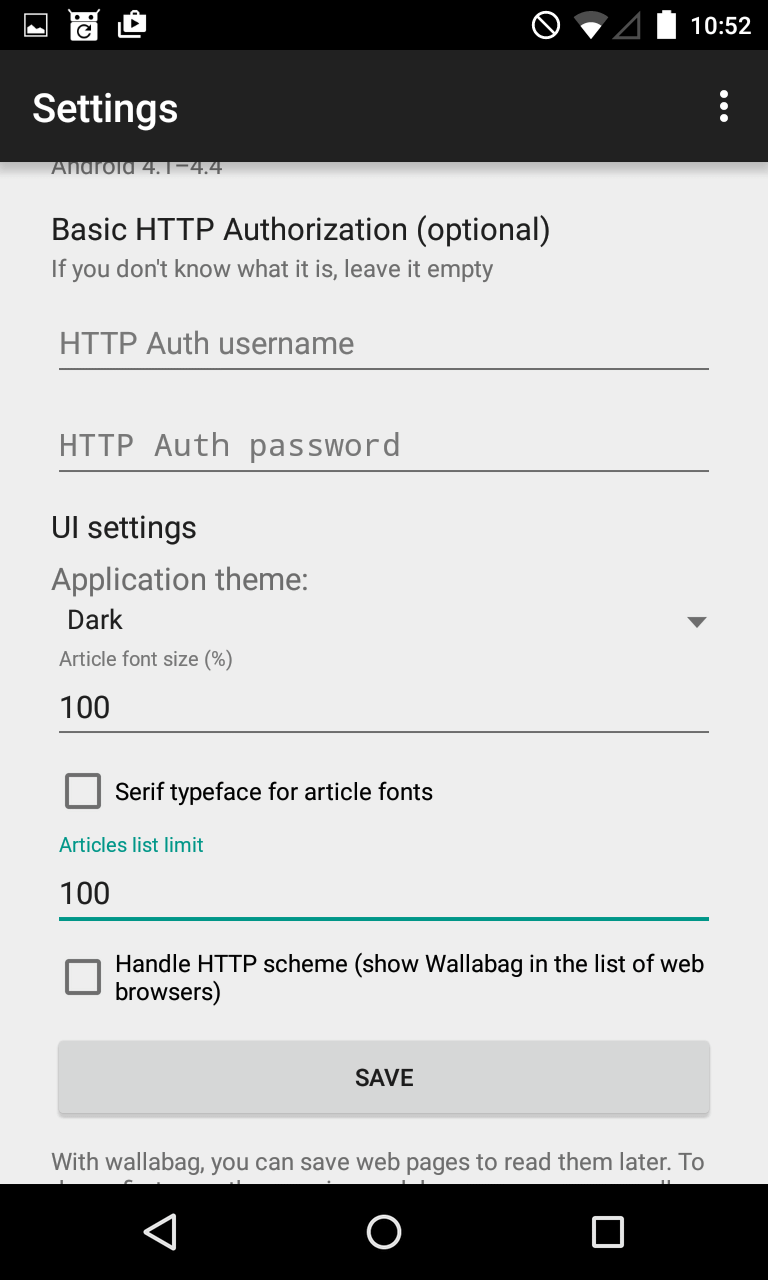 Bottom of the settings screen